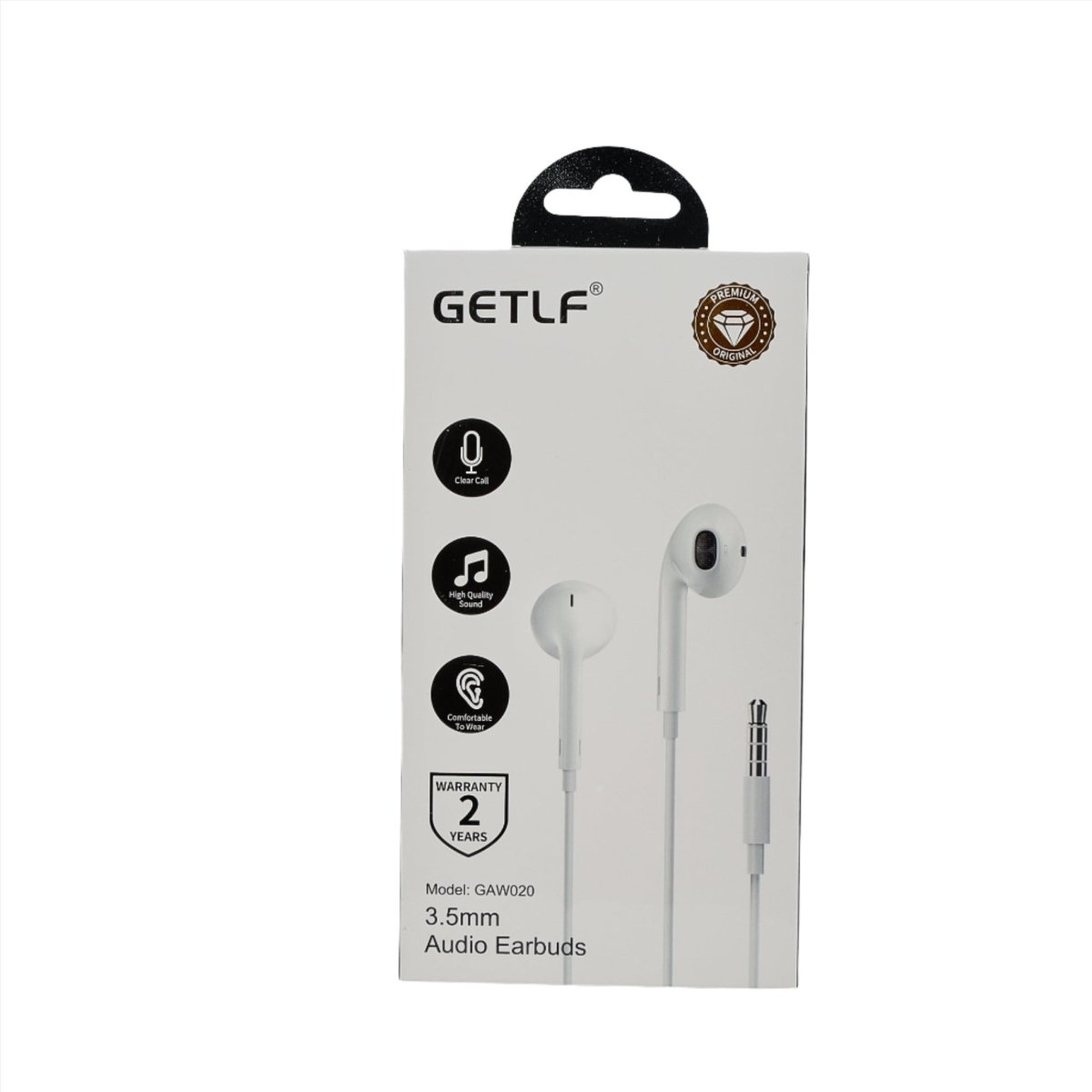 GETLF 3.5mm audio earbuds retail box with earbud image