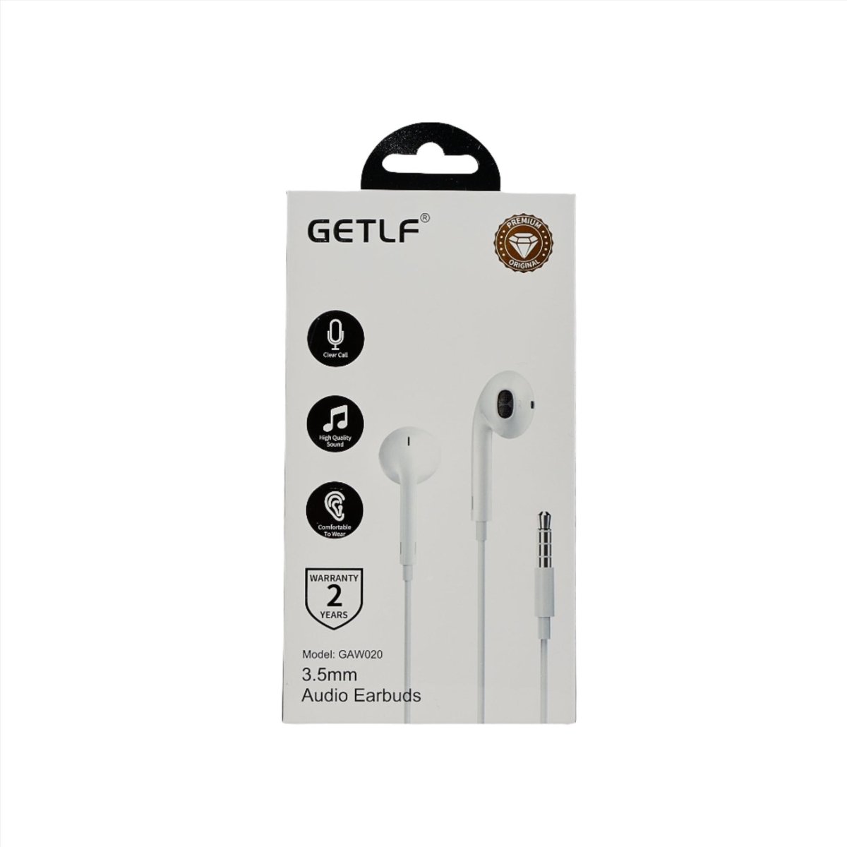 GETLF 3.5mm audio earbuds retail package showing warranty and earbud illustration