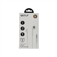 GETLF 3.5mm audio earbuds retail package showing warranty and earbud illustration
