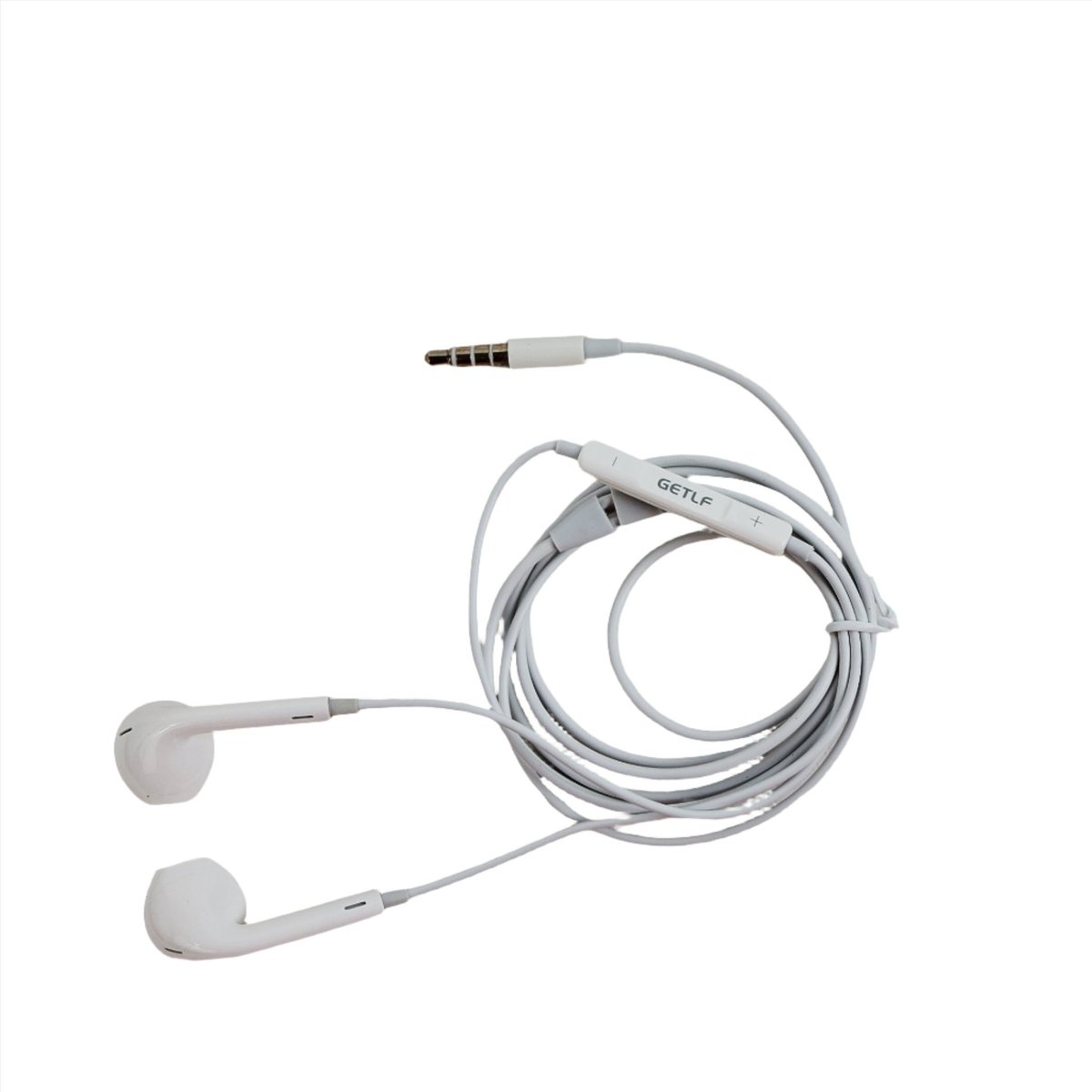 White 3.5mm audio earbuds with cable and metal 3.5mm headphone plug