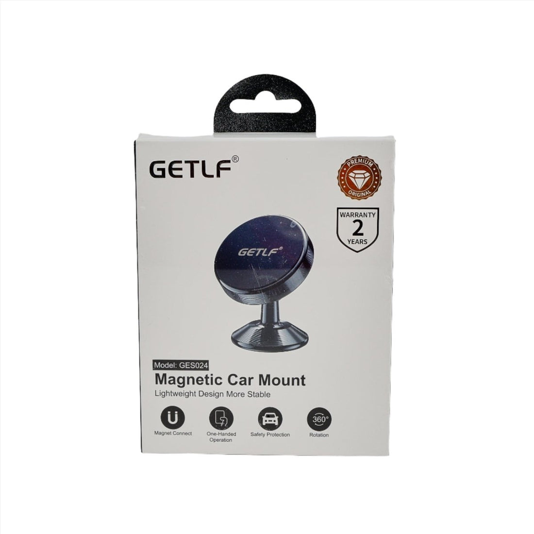 Magnetic car mount box, GETLF logo, model GES024, 360° and warranty icons