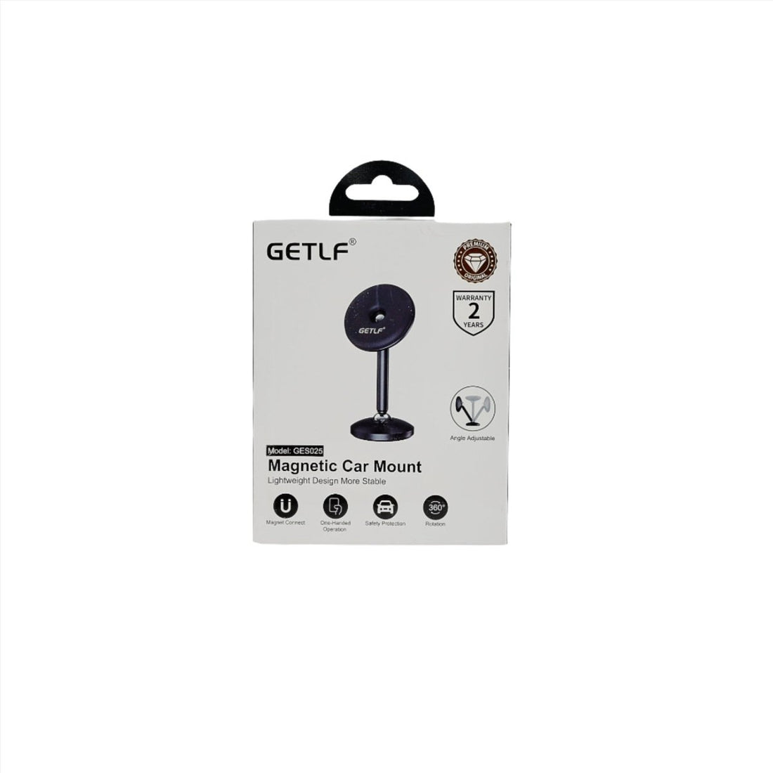 Magnetic car mount retail box with GETLF branding and product image