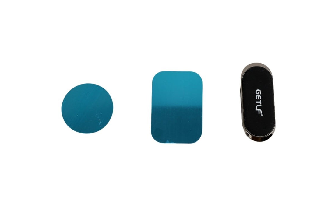 Magnetic car phone mount with blue magnetic pads and black holder