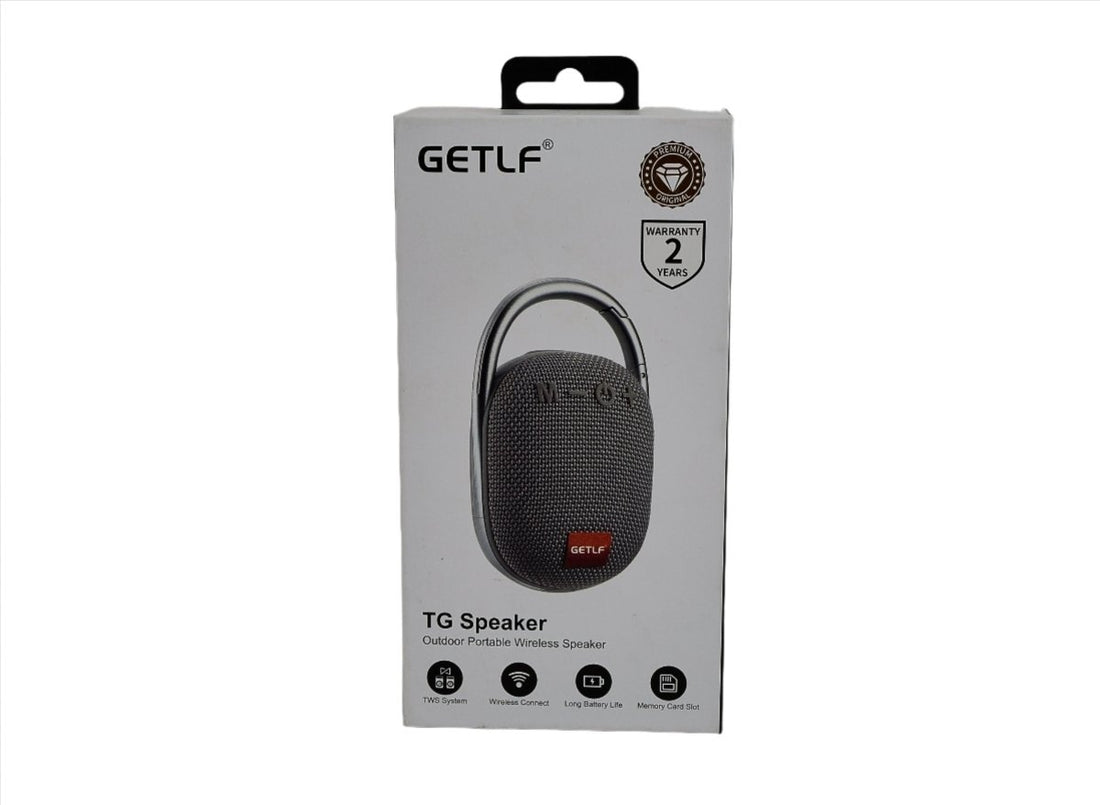GETLF TG speaker packaging with dark portable wireless speaker shown in blister