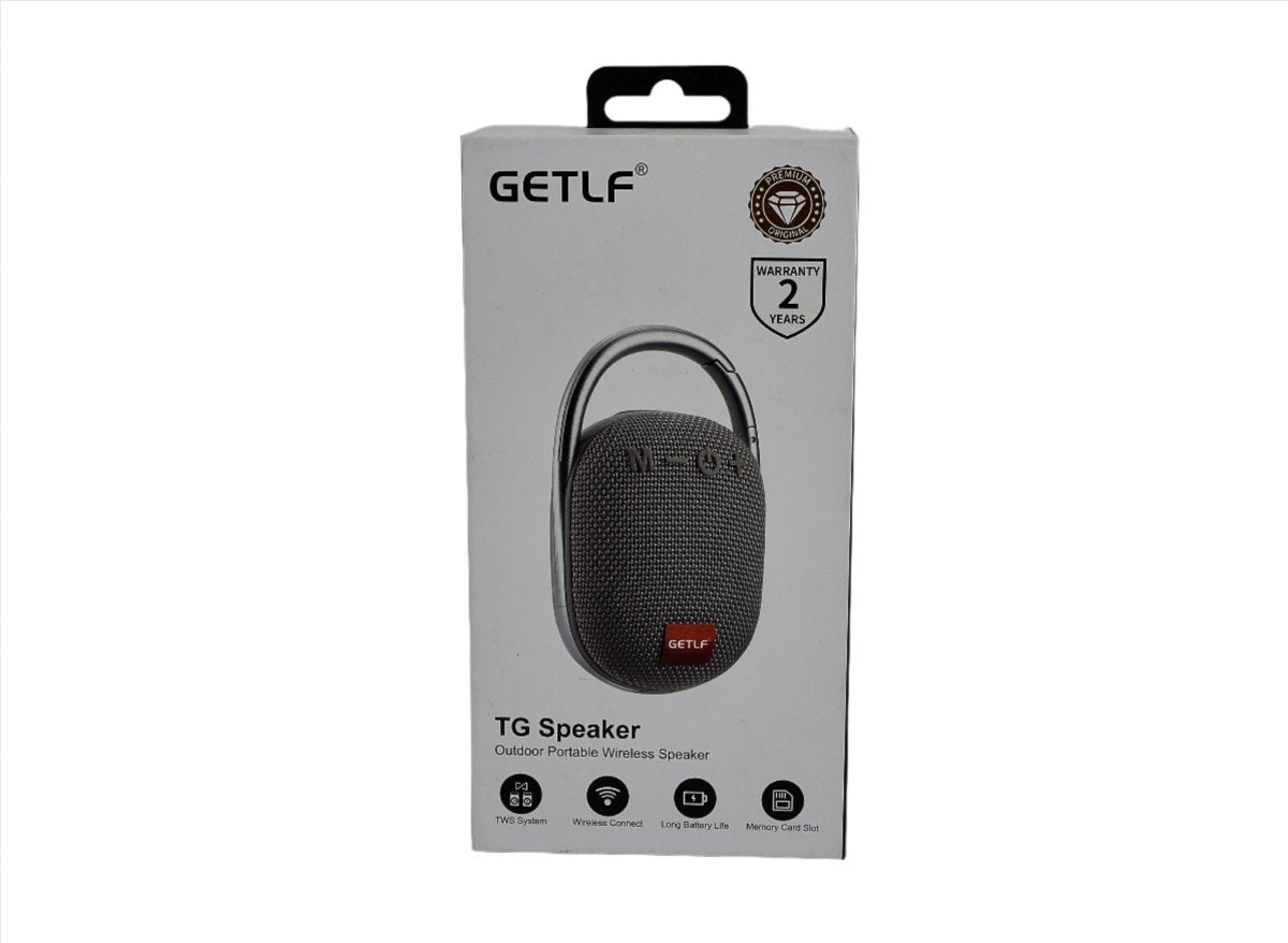 GETLF TG speaker packaging with dark portable wireless speaker shown in blister