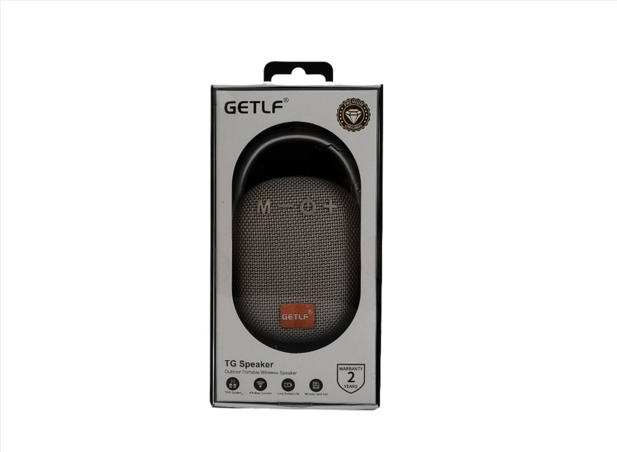 Black GETLF TG speaker packaging showing the portable wireless speaker in box