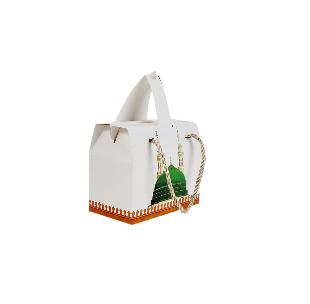White gift box with rope handle and Prophet's Dome design, green dome on front
