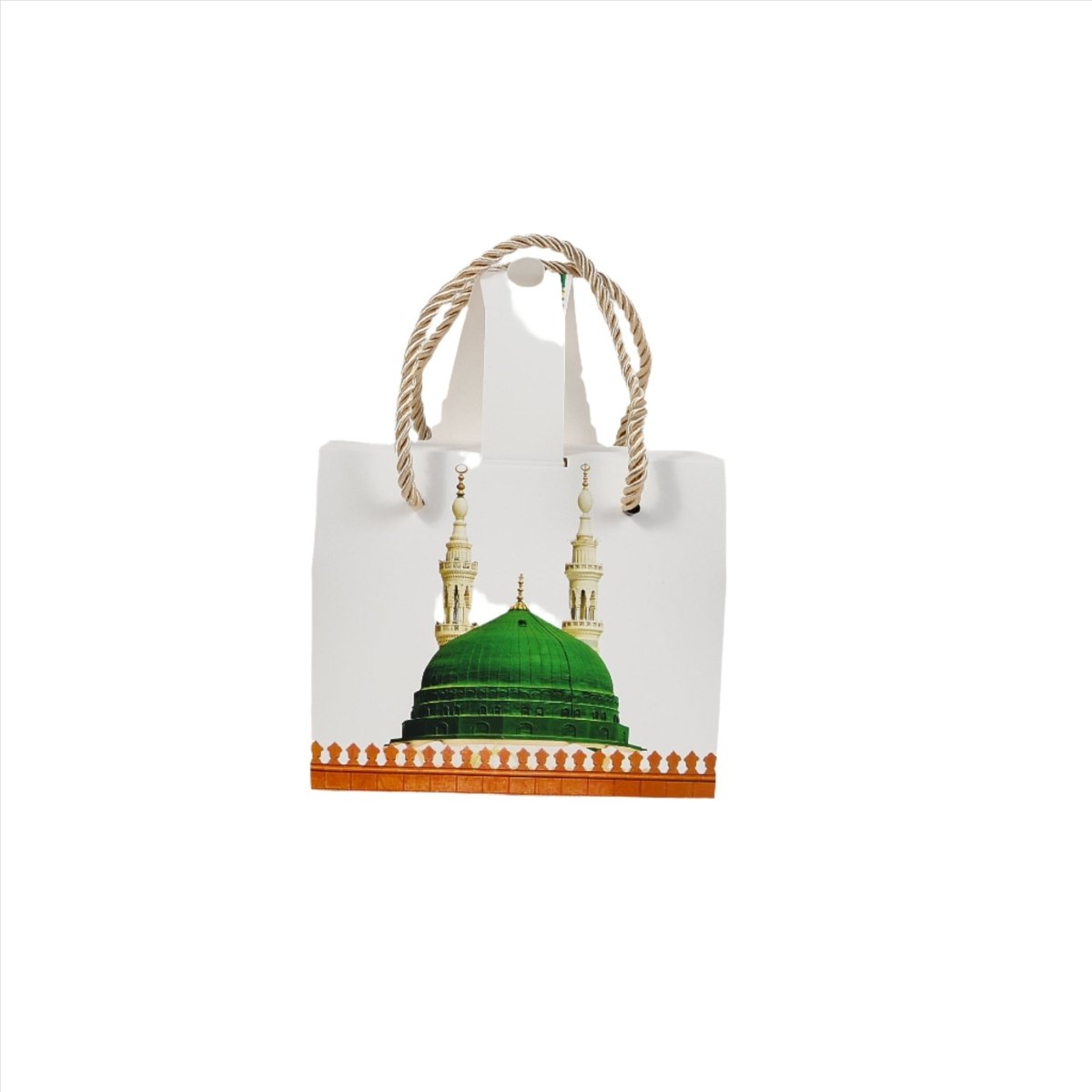 White gift box with rope handles and green Prophet's Dome illustration on front