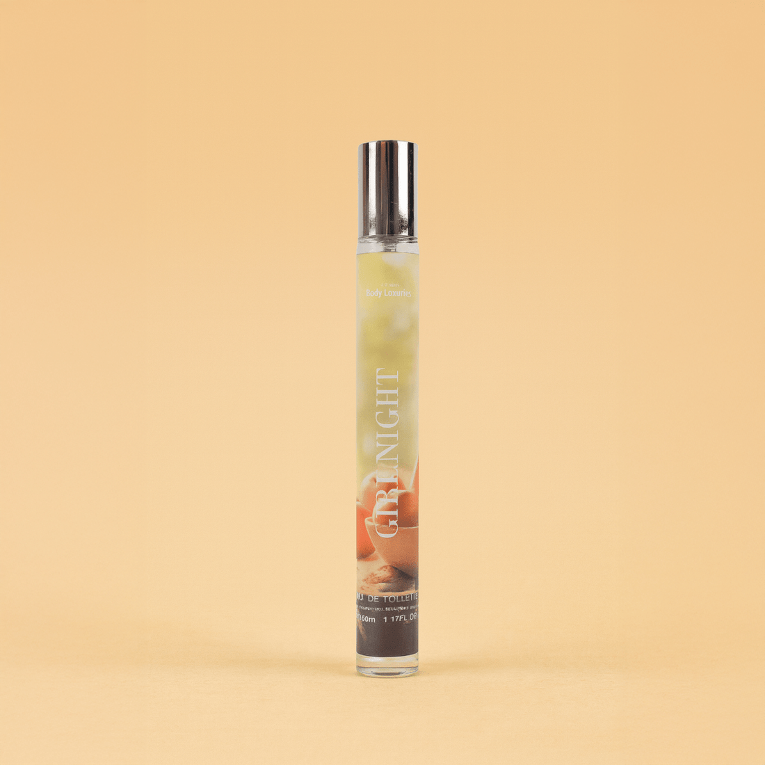 Girl Night eau de toilette spray bottle with silver cap, pale yellow liquid