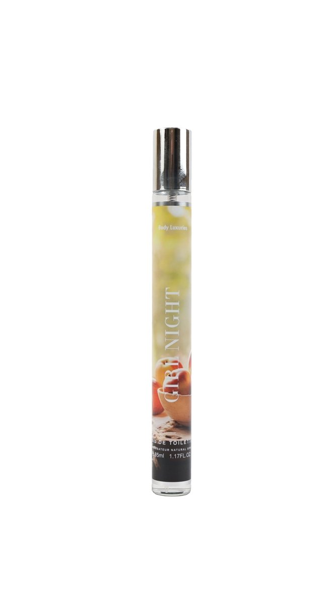 Girl Night eau de toilette spray bottle, pale yellow liquid and floral label