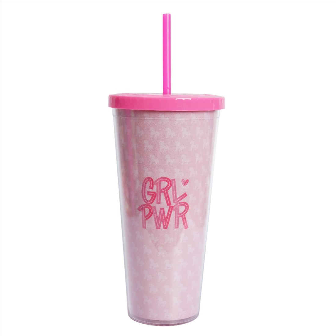 Pink tumbler with lid and straight straw, “GRL PWR” graphic