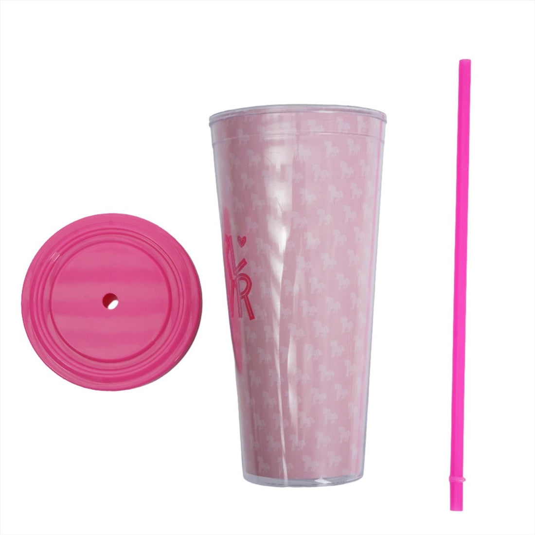 Pink tumbler with matching lid and straight straw; lid shown separately
