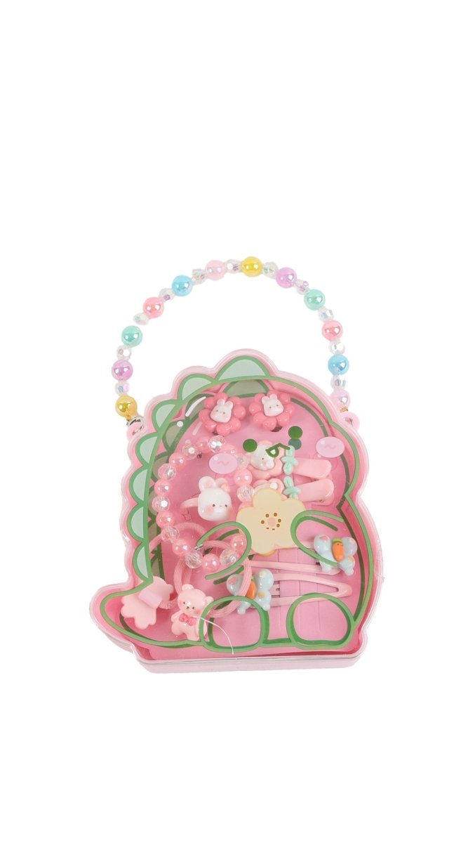 Dinosaur hair charm with pink glitter, plus multicolor beaded headband