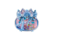 Girls' hair accessory set in blue cat-ear case with pastel bows and colorful stud beads