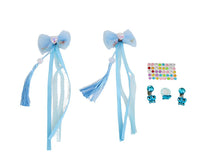 Girls' hair accessory set with blue bow clips and long tassels, plus bead stickers