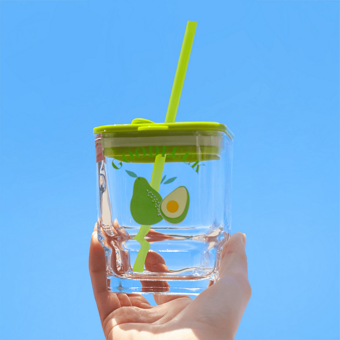 Glass cup 450ml with lid and straw, green avocado-style fruit print