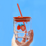 Glass Cup 450ml with Lid & Straw - Cute Fruit Design - MIDI