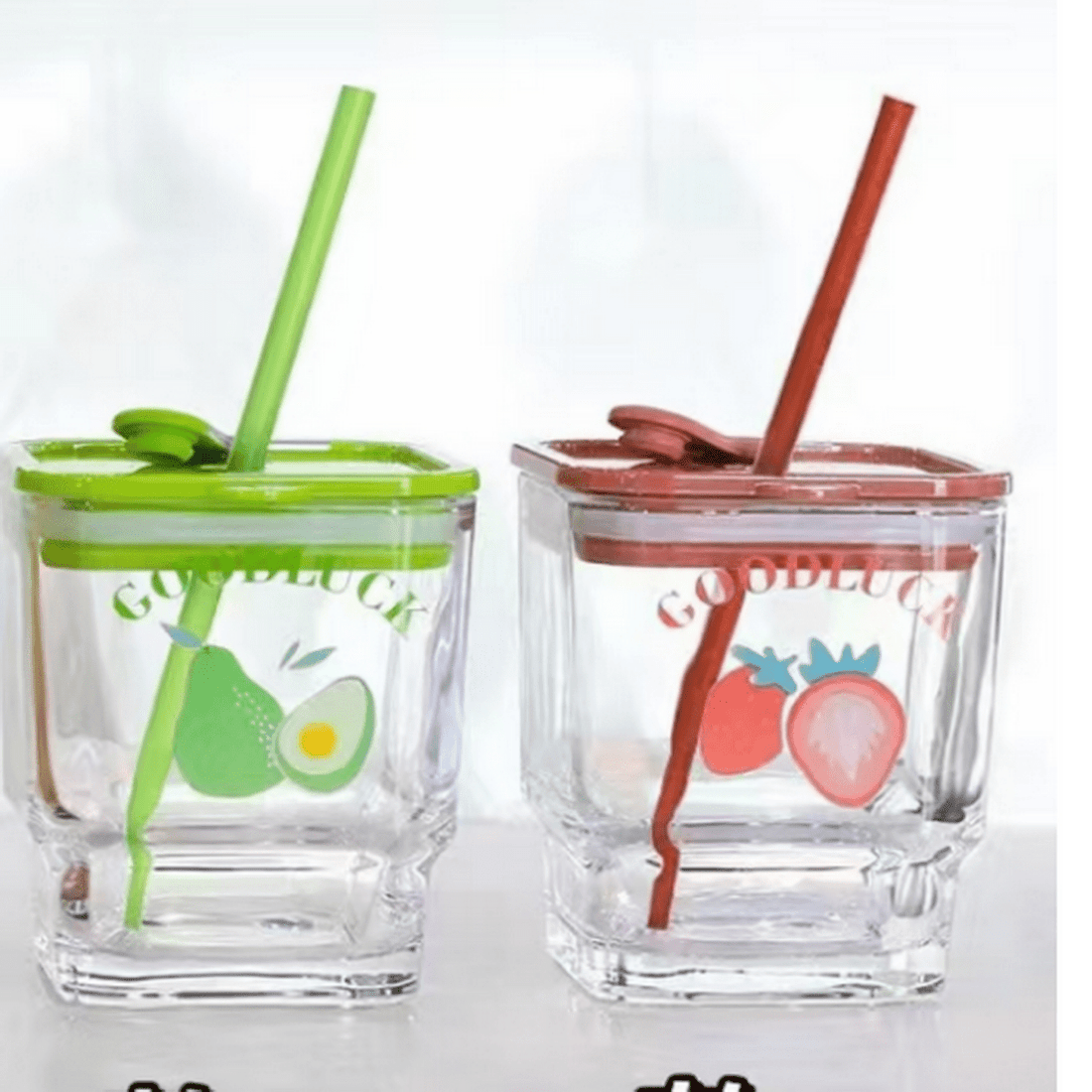 Glass cups 450ml with lids and straws, green and red fruit designs