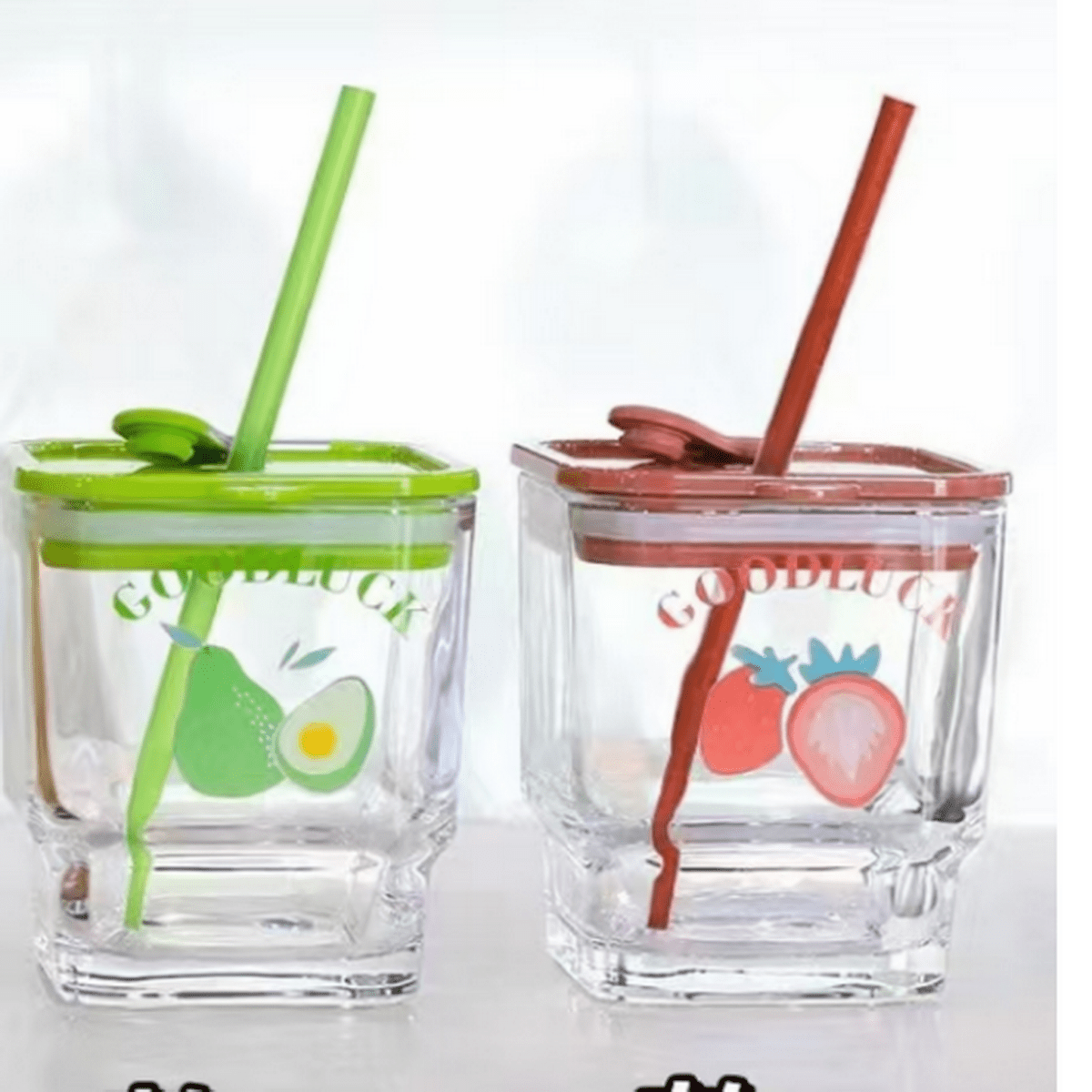 Glass cups 450ml with lids and straws, green and red fruit designs