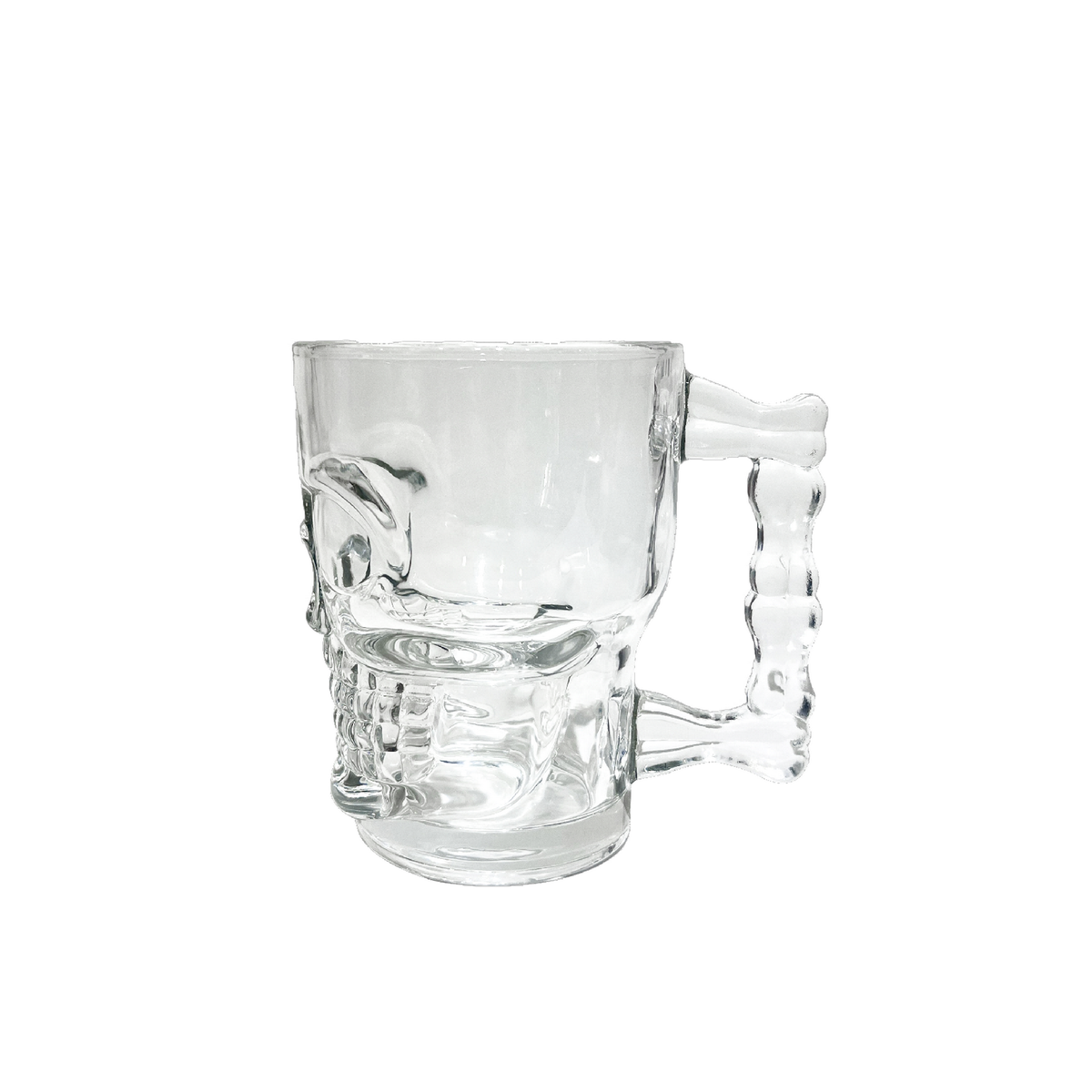 Clear glass skull mug with right handle and sculpted skull base