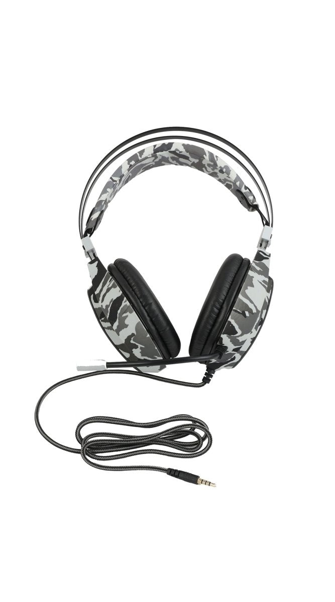 Camo over-ear gaming headset with padded headband, black ear cushions, and audio cable