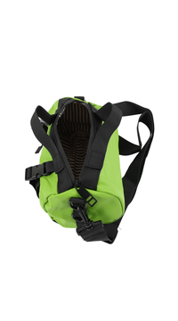 Green cylindrical shoulder bag open, showing striped lining and a black zipper panel.