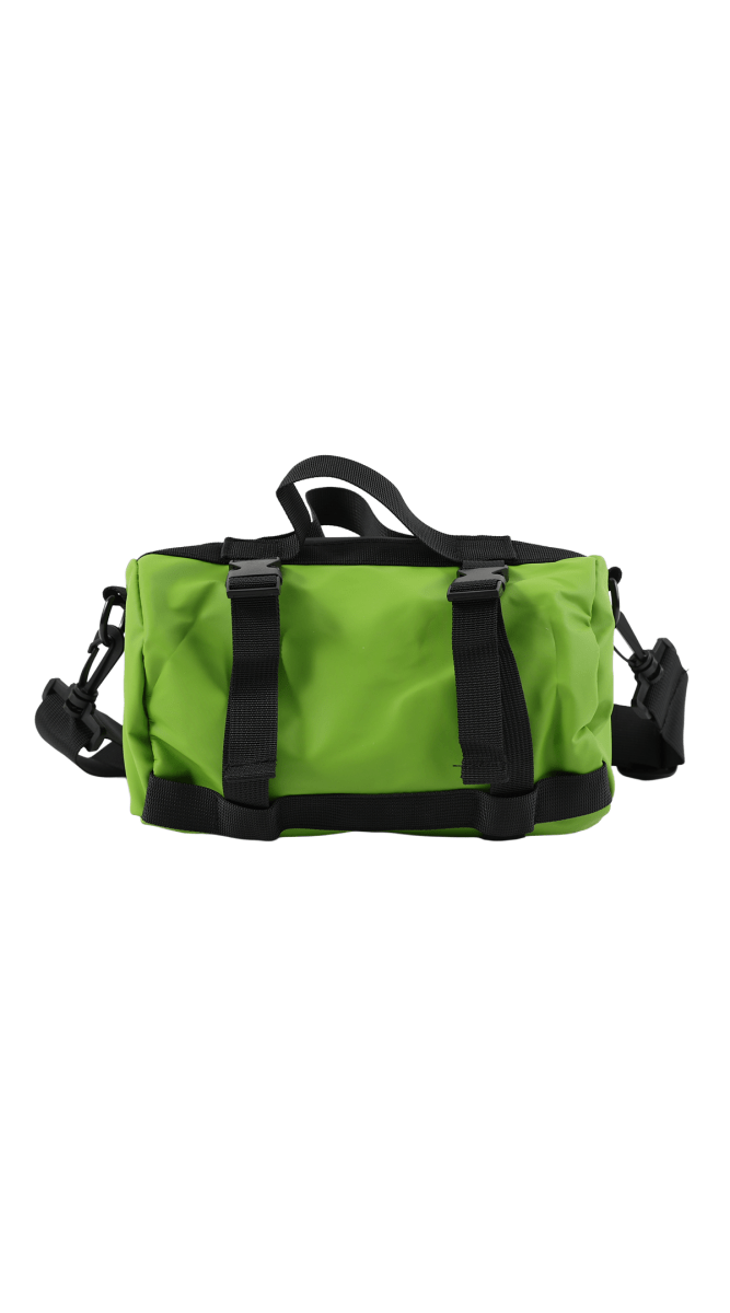 Green cylindrical shoulder bag with black straps and handles, zip closure.