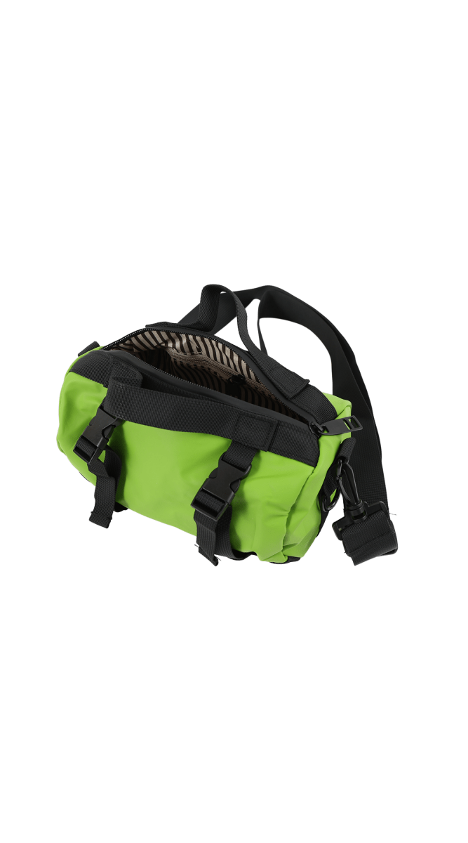 Green cylindrical duffel bag with black webbing straps, open top showing fabric lining.