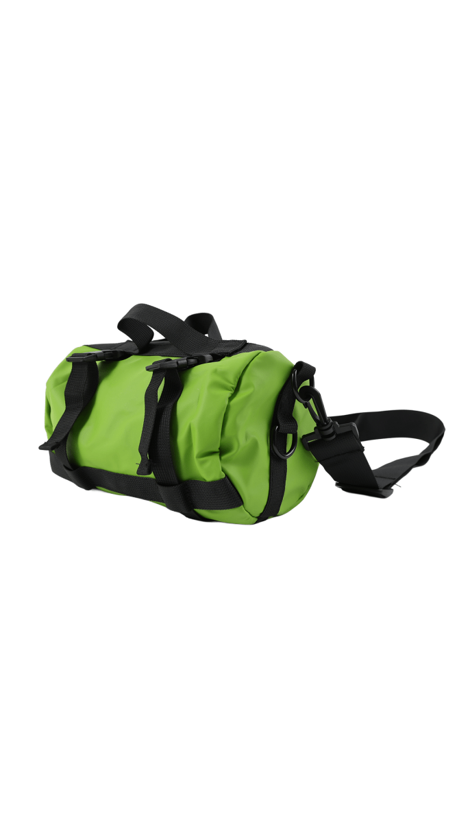 Green cylindrical shoulder bag with black side straps and an adjustable shoulder strap.