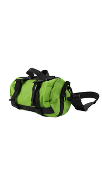 Green cylindrical shoulder bag with black side straps and an adjustable shoulder strap.