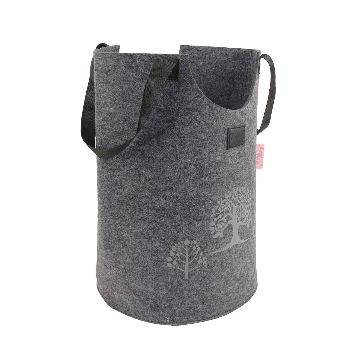 Grey felt laundry basket with side strap handles and tree graphic
