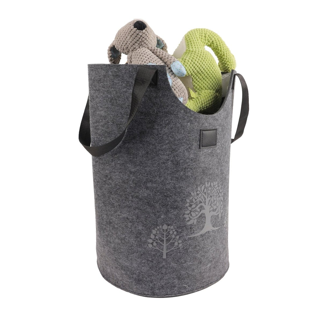 Grey felt laundry basket with tree motif, carrying handle, holds stuffed toys