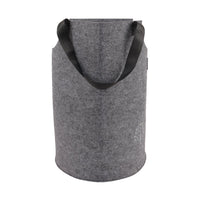 Grey felt laundry basket with top handles and stitched label patch