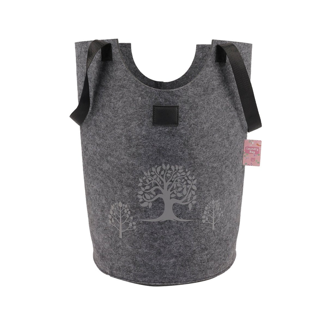 Grey felt laundry basket with tree motif and fold-over handles