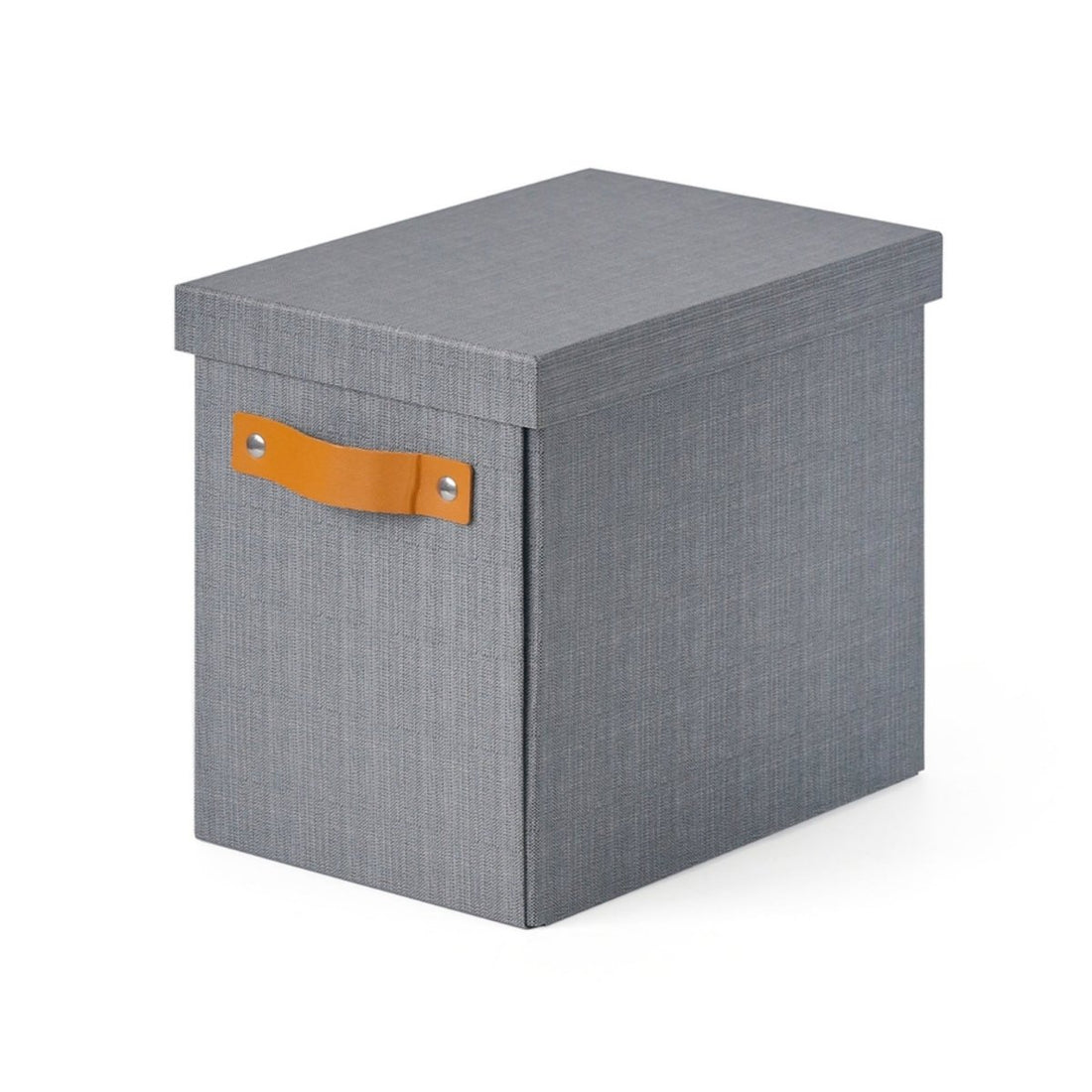 Grey storage box with orange leather handle, fabric-textured lid