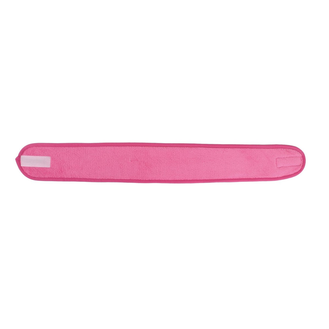 Rose pink coral fleece hair headband, flat side view with small tag patch