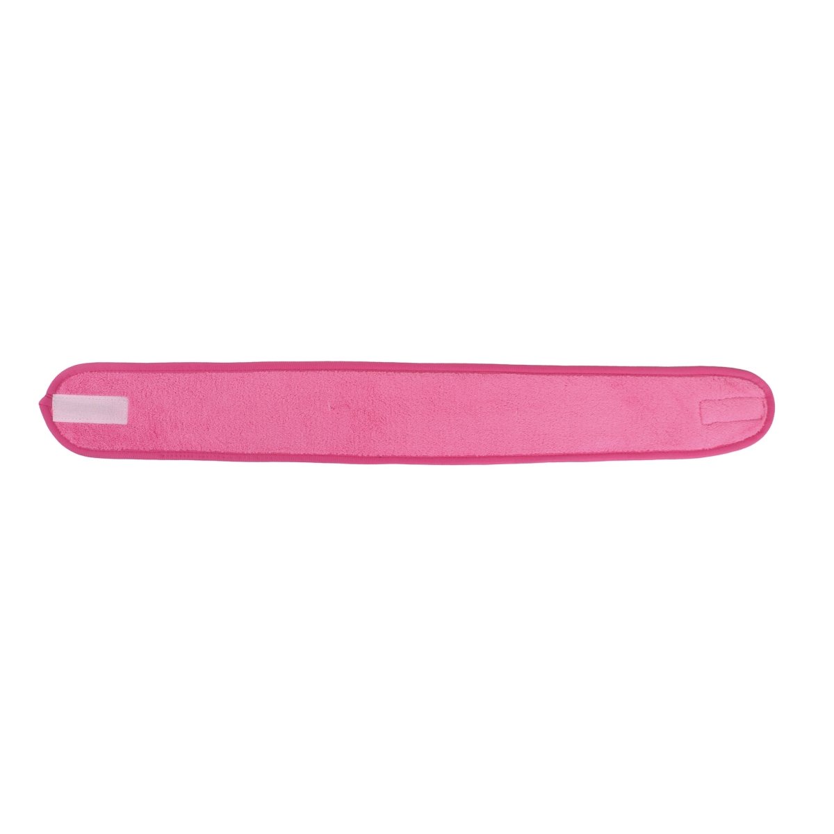 Rose pink coral fleece hair headband, flat side view with small tag patch