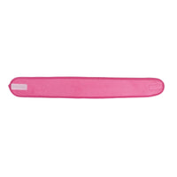 Rose pink coral fleece hair headband, flat side view with small tag patch