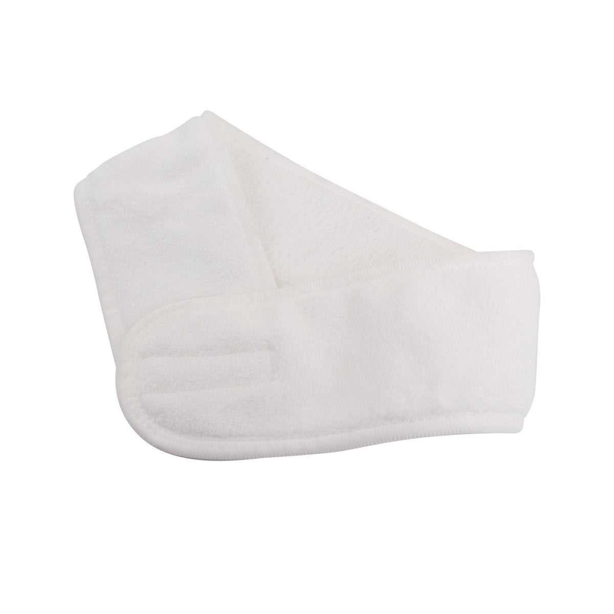 White coral fleece hair headband, side view with curled edges