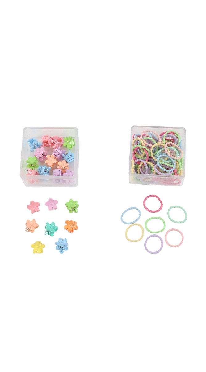 Hair accessories set with star and flower pieces, plus pastel elastic hair ties