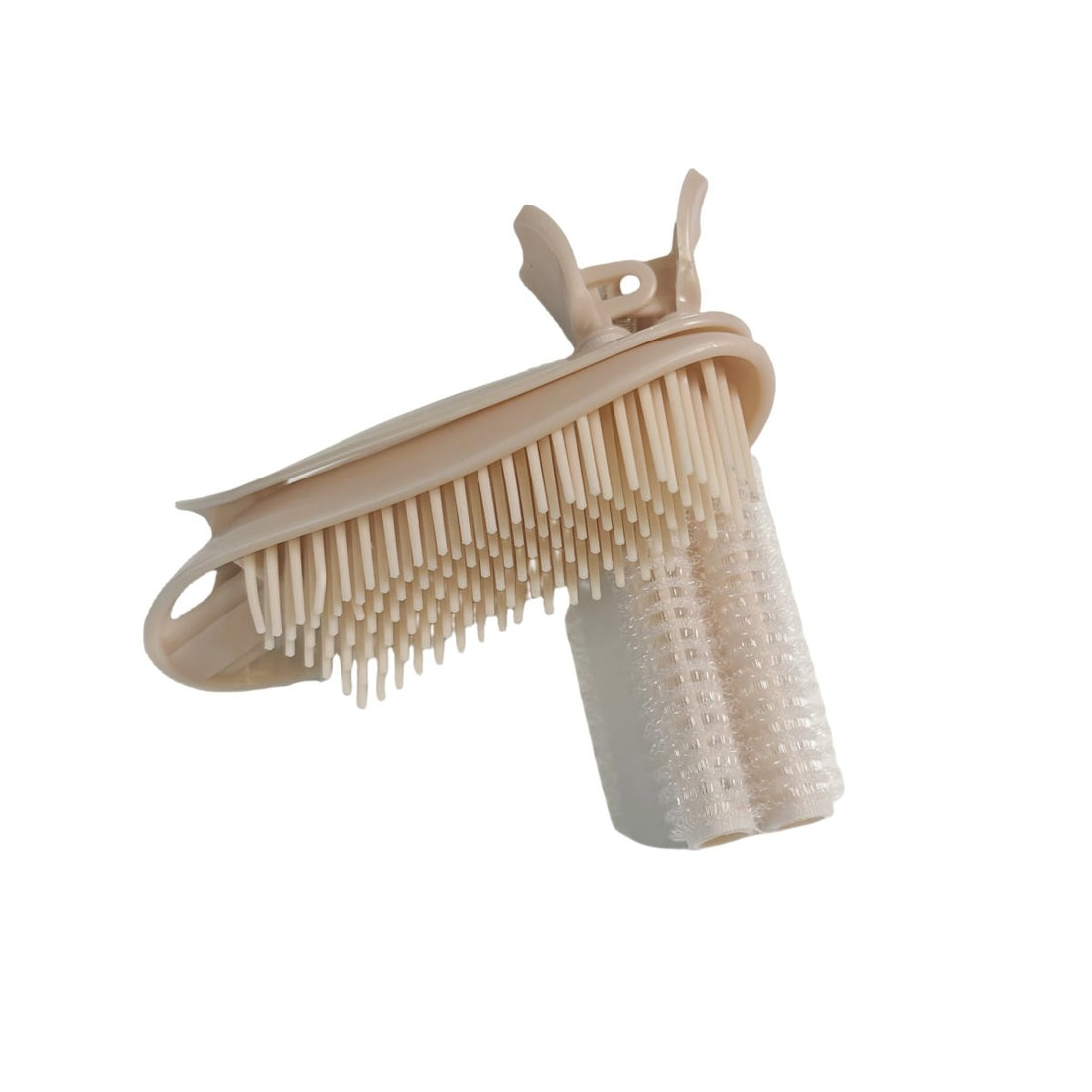 Hair styling roller set with beige comb and cylindrical roller, wide bristle head