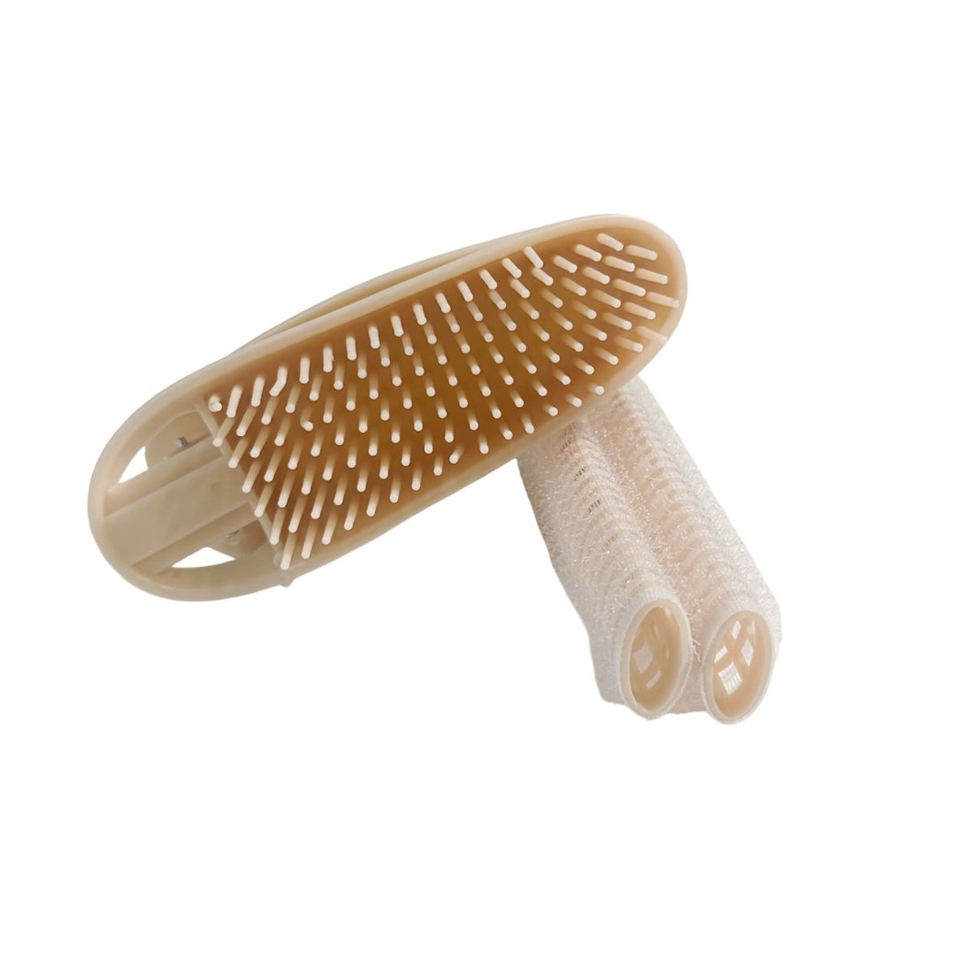 Hair comb with styling roller, beige plastic with perforated bristles and long handle