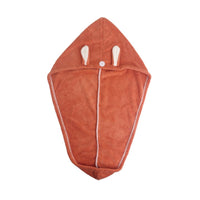 Hair-drying cap towel, orange hood with front snap and two loop pieces
