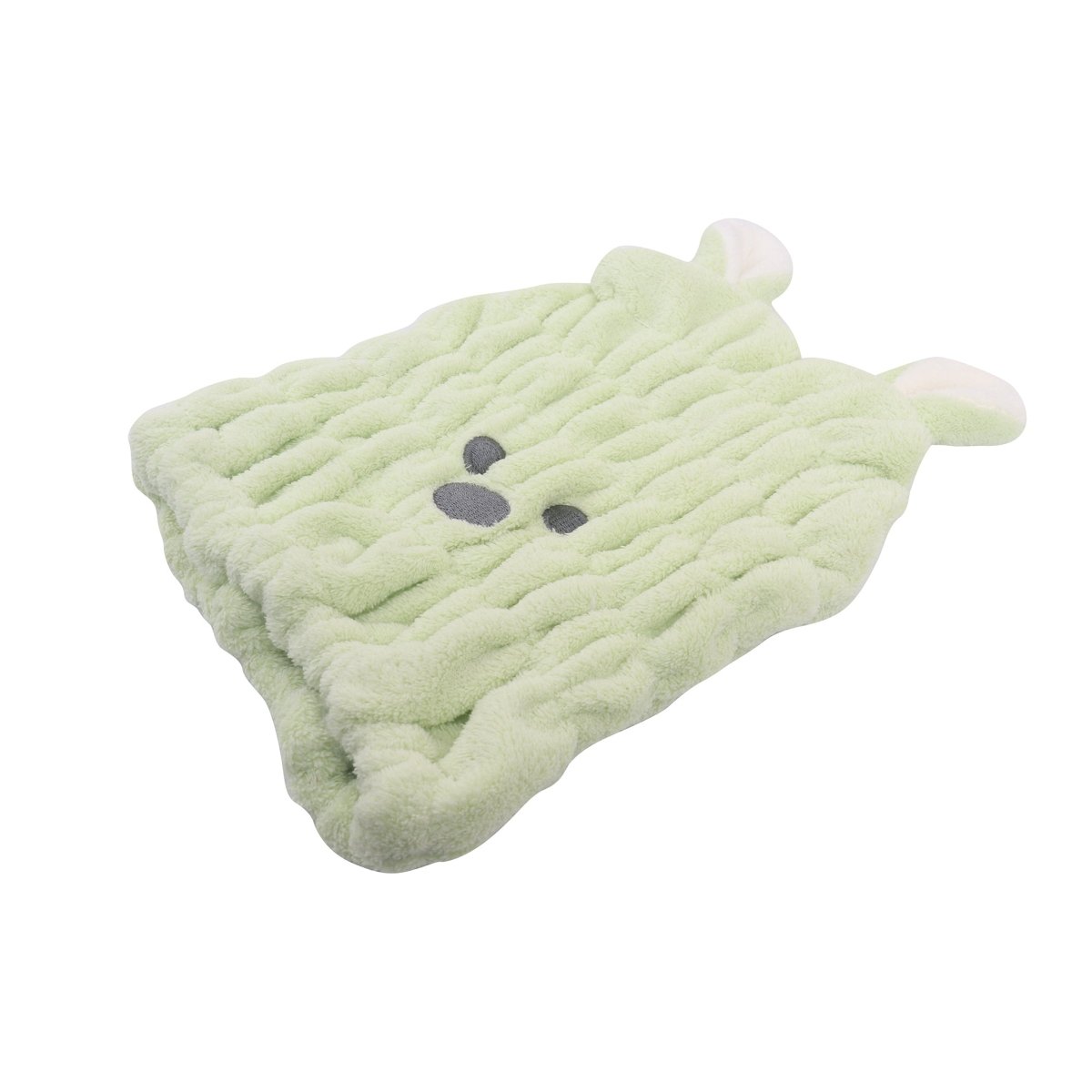 Light green hair-drying cap with embroidered face patches, textured terry fabric