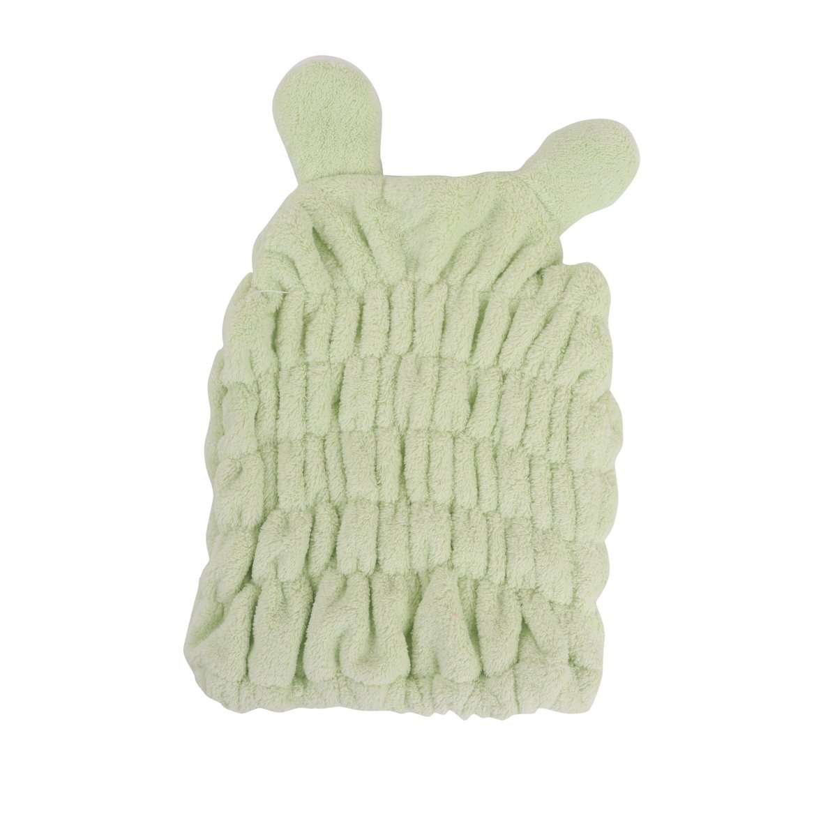 Green animal-ear hair-drying cap, textured terry fabric with two ear loops