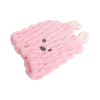 Pink animal-ear hair-drying cap with embroidered face, textured terry weave