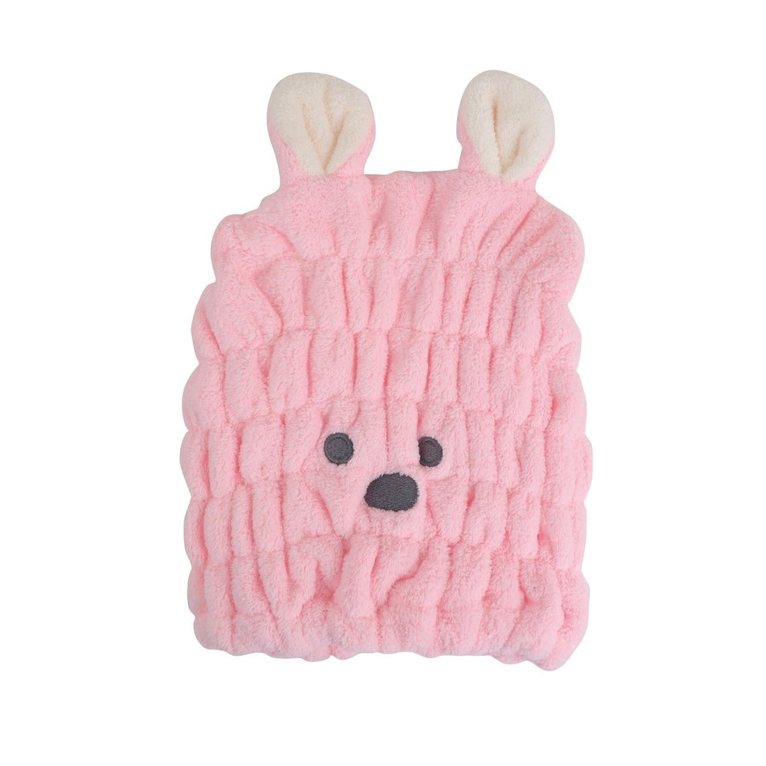 Pink animal-ear hair-drying cap with embroidered face, textured terry fabric