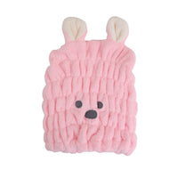 Pink animal-ear hair-drying cap with embroidered face, textured terry fabric