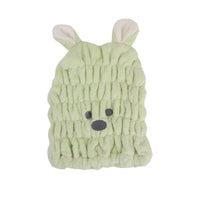 Green animal-ear hair-drying cap with embroidered face, textured terry fabric