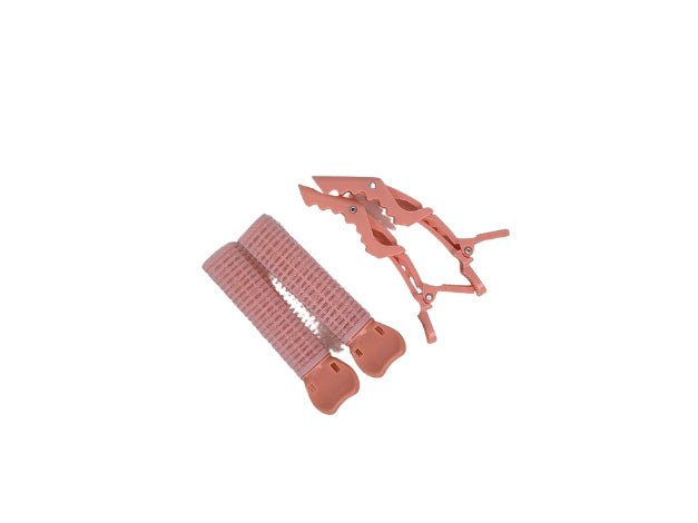 Hair rollers and clips set, two pink rollers with claw-style holding clips